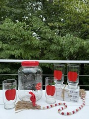 4 Vintage 1960s Red Textured Apple Glass 6” Tumblers + Aladdin Tea Jar Dispenser