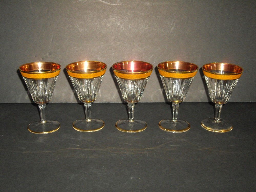 Vintage Crystal 2oz Sherry Glasses Gold Encrusted Trim Set of 5 Made in Italy