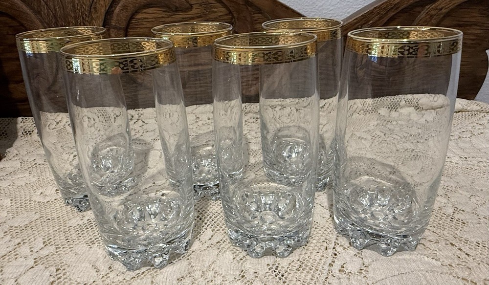 6 Vintage CIRCLEWARE «CLASSIQUE» GOLD ENCRUSTED RIM CRYSTAL HIGHBALL GLASSES