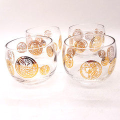 4 Federal Roman Gold Coin Roly Poly Glass Barware 2.25×2.5″ MCM Vintage Cocktail