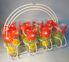 Vintage HAZEL ATLAS Flowery GARDEN VARIETY Glass Drinking Glasses w/Carrier 8pcs