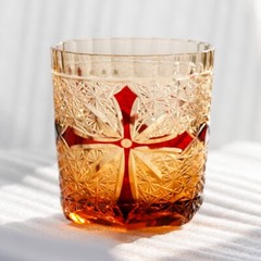 Hand Cut Religious Cross Pattern Whisky Glass Kiriko Glas 9oz Amber Red Artwork