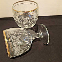 2 Vintage Bartlett Collins Thumbprint Goblets Etched Grapevine w/Double Gold Rim