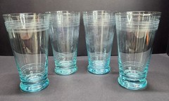 Vintage Icy Blue Etched Banded Glasses Tumbler 7″ Tall Set of 4