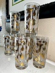 Lotus “Bon Appetite” Set Of 8 Glasses W/Carrier Fish Lobster MCM Vintage NOS