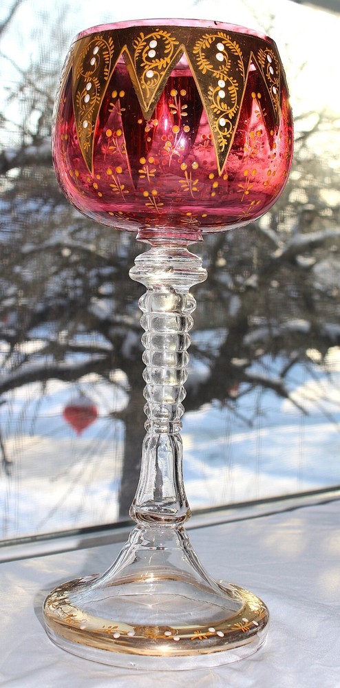 Antique Moser Cranberry Red Enameled Raised Gold Glass Goblet 14″