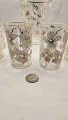 VTG 1 Pitcher 6 Glasses White Cherry Blossom Gold Trim Tree Branches Hand Blown