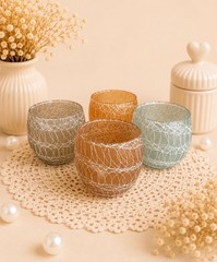 Vintage Pink Green Yellow & Orange Spaghetti String Roly Poly Glasses Set Of 4