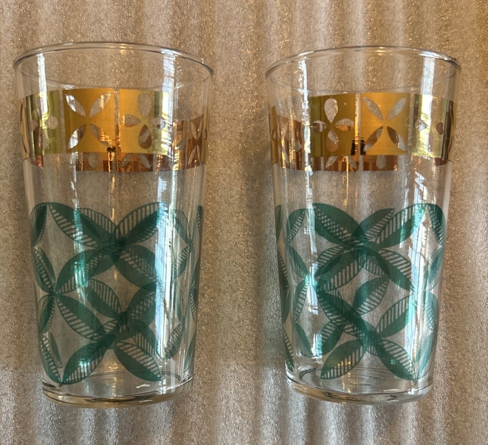 Set 2 Vintage Highball Julep Tumbler Glasses Gold & Mint Leaf Mid Century 5”