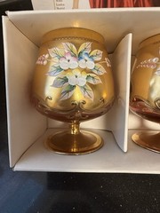 2 VTG Bohemian/Czech Clear Glass Brandy Snifters Gold Gilded Enameled