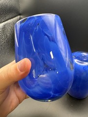 Fritsy Cobalt Blue Stemless Wine Glass Pair Mottled Hand Blown Art – Set of 2