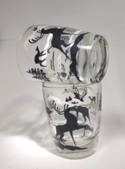 Mid Century Bar Ware Shot Glass Black White Stag Winter Scene Deco Style 3″
