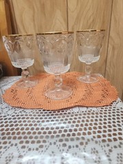 Bartlett-Collins St. Genevieve Clear Gold Trim Wine Water Goblets Set of 3 Vtg
