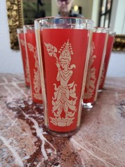 6 Vintage MCM Culver Red Gold Siam Thai Goddess High Ball Glasses Tumblers 60s