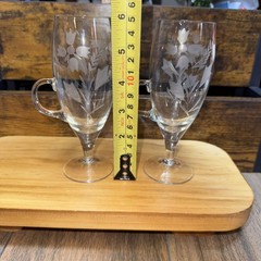 2 Vintage etched wheat glass hand blown glasses with finger handles & Pedestals