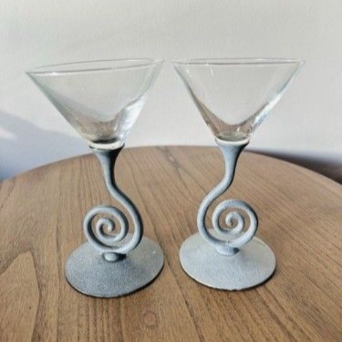 Ulla Darni Pewter Swirl Martini Glasses Bombay Sapphire Gin 1994 Set of 2