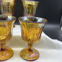 4 VTG Indiana Glass Iridescent Marigold Carnival Glass Harvest Grape Goblets Set