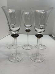 Clear Water Wine Goblet Glass 9.5″ Rhinestone Ball With Gold Trim Set 5