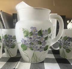Vintage Frosted Glass Juice Set Pitcher & And 6 Glasses Hand Painted (A6)