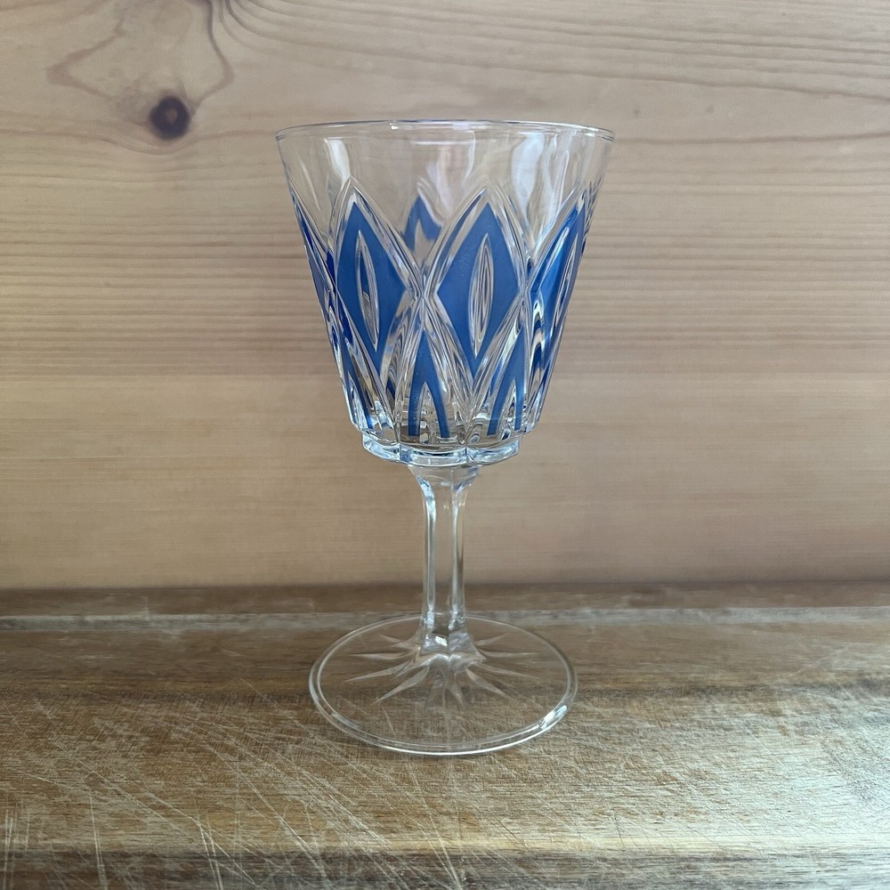 Vintage Blue VMC Reims French Harlequin Crystal Wine Glass 15cm tall