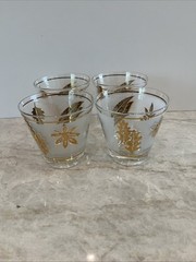Set Of 4 G. Reeves For Libbey Lowball Whisky MCM Frosted Glasses Gold Leaf EXC
