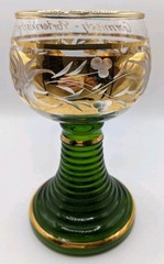 Vintage Roemer Souvenir Wine Glass Green Crystals Ribbed Stem Gold Rim