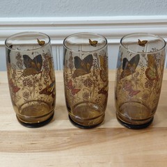 3 Vintage Anchor Hocking Butterfly Smoke Amber Tumbler Drinking Glasses