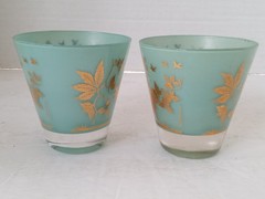 WILLIAM MEIER Half Rocks Glass 2 TEAL BLUE Frosted Bar Cocktail Glasses MCM