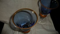 #1120 Water GLASS 2 Goblet BLOCK Crystal 7″ T STEMED BLUE w Mustard Gold & Clear