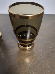 6 MCM Romanian Blown Glass Cordial Glasses Smoke with Gold Stripes And Rim