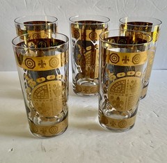 Vito Bari Gold Crest Design Highball Glasses Set Of 5 22K Signed