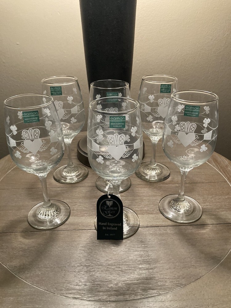 VINTAGE 6 EAMON Etched 8oz Wine Glasses CLADDAGH & SHAMROCK Design New No Box