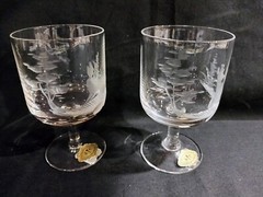 2 SALZBURGER CRISTALLGLAS Deer Stag Rabbit Etched Crystal Wine Glass Austria
