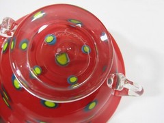 Signed Hand-Blown Art Glass Double-Handled Cup Bowl Red w/ Yellow Polka Dots