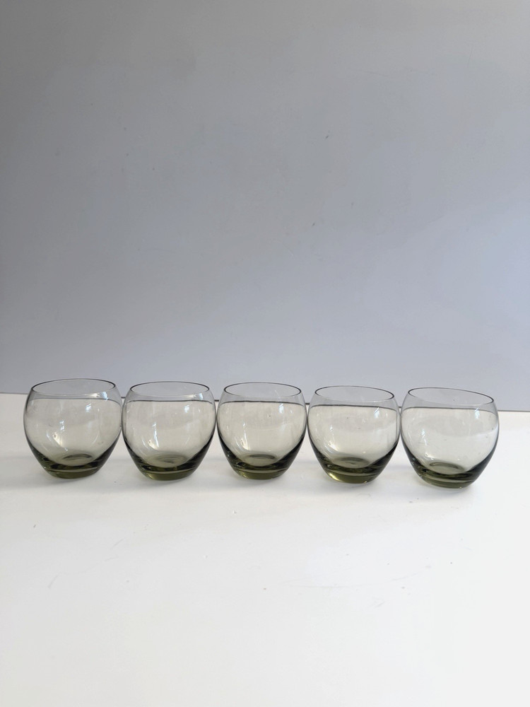 (5) Vtg Green Tint Roly Poly Style Hand Blown Drinking Glasses Whiskey Barware