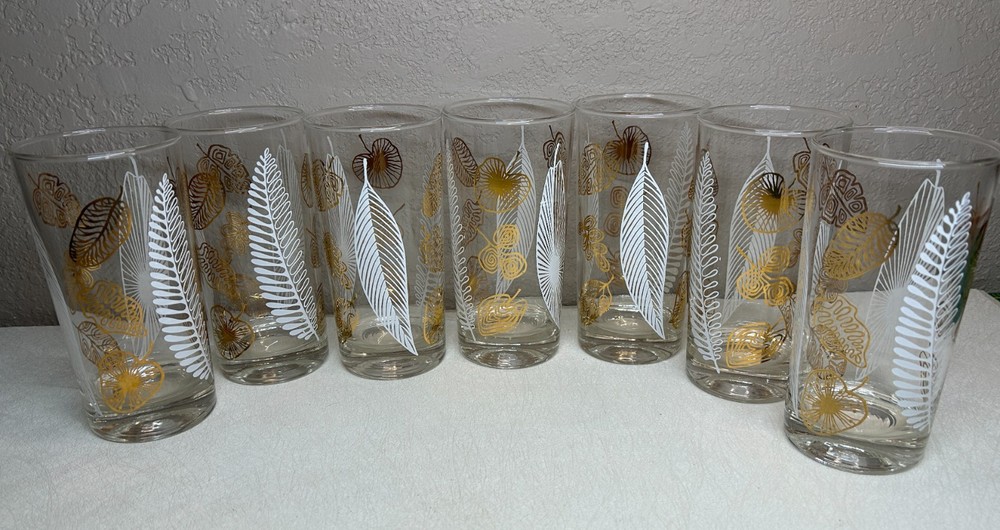 Set of 7 Vintage Mid Century Modern White & Gold Leaf Highball Glasses Tumblers