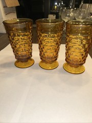 6 Vtg Indiana Whitehall Colony Cubist Amber Glass Footed Iced Tea Glass