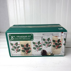 8 Glass Christmas Holly Berries 16 oz. Indiana Glass. New with Box Vintage