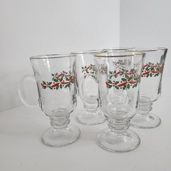 Vintage Libbey Christmas Holly Berry 6″ Irish Coffee Cups Gold Rim – Set of 5