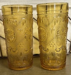 Vintage Amber Juice Glass Indiana Glass Tiara Starburst 2x Drinking Glasses