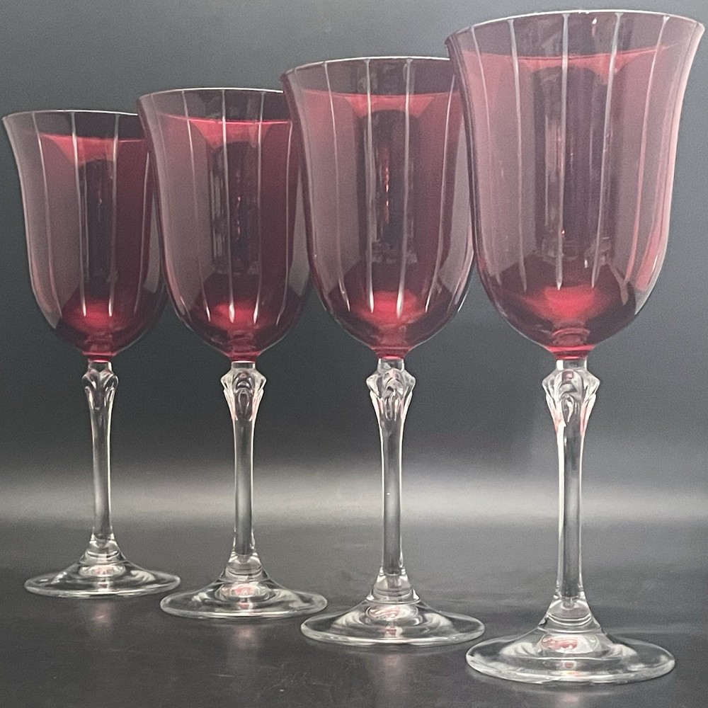 La Reine 4pc Vertical Stripes Ruby Red Cut to Clear Wine Glasses Italy 8″t 8oz