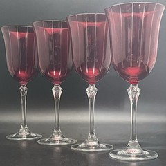 La Reine 4pc Vertical Stripes Ruby Red Cut to Clear Wine Glasses Italy 8″t 8oz