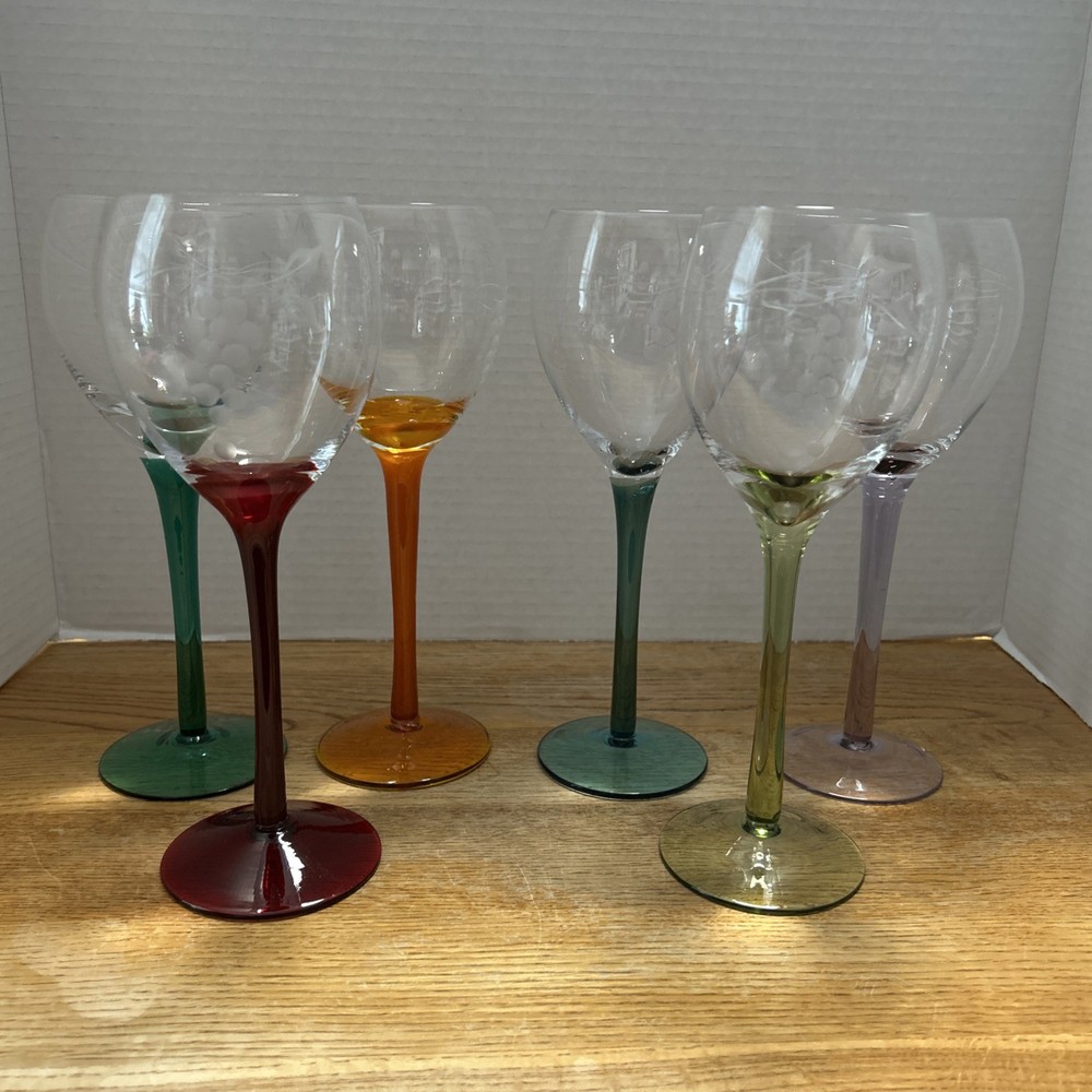 6 Etched Glass Wine Glasses With Etched Grapes & Different Color Stems