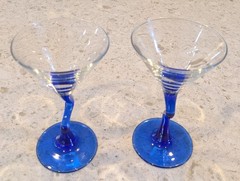 2 Libbey Cobalt Blue Swerve Zig-Zag Stem Cocktail Glasses MCM Style Courbe MCM