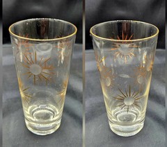 Vintage Set Of 6 Atomic Starburst Glass Tumblers MCM Gold Trim Heavy Sham Bottom