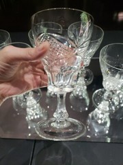 (7) WATER glasses Goblets Crystal, antique cut diamond crosshatch & fans