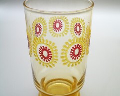 Vintage RETRO Amber Glass ~ APPLIED RAISED RED YELLOW FLORAL ~ Drinking Tumbler