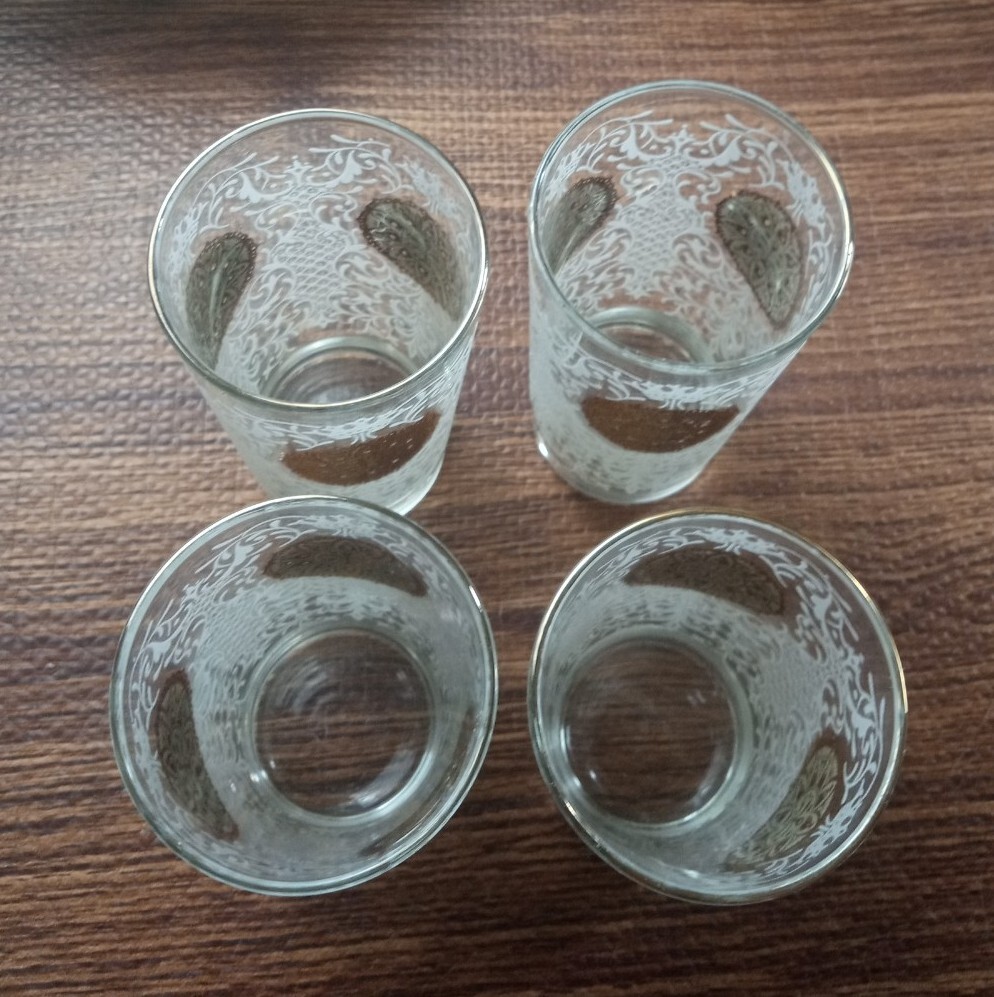 Vintage Libbey MCM White Lace Crown Gold Medallion Highball Glasses Set of 4 EUC