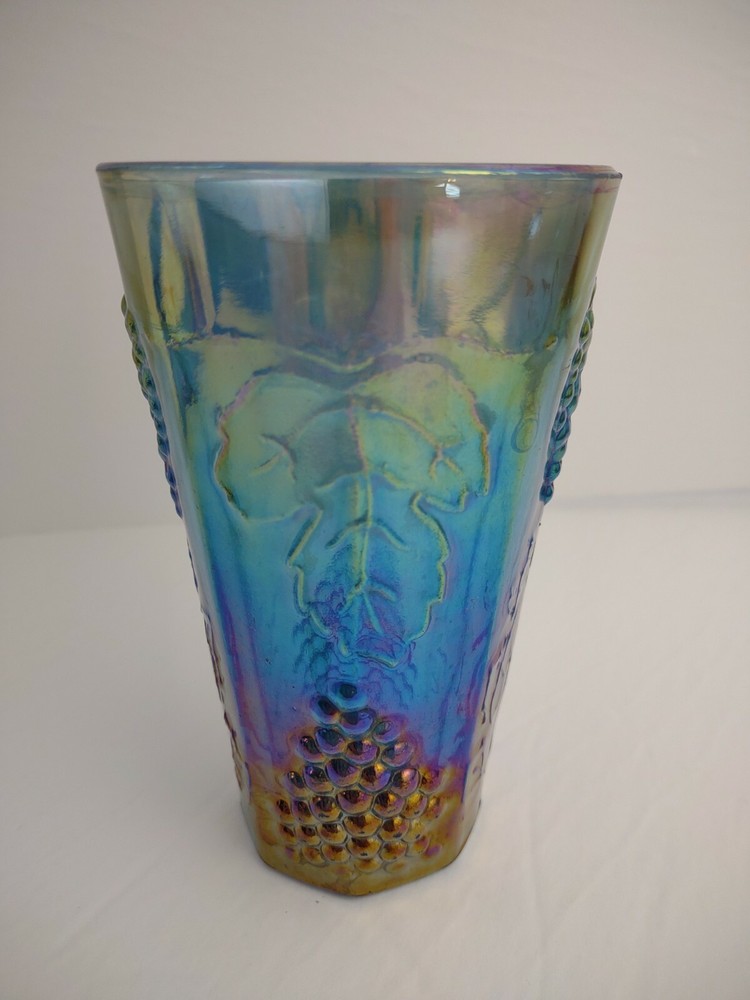 Indiana Glass Co. Blue Carnival Tumbler w Grapevine Grapes & Leaf Irridescent