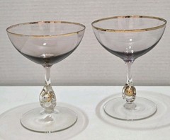 VTG Hand Blown Champagne Glass Jozef Stanik Gold Ball Amethyst Glass Set 2 1956
